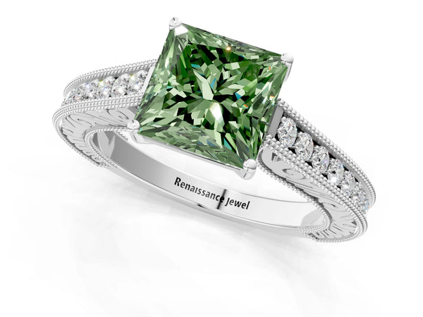White gold Fancy Green Princess Cut Cut Pave Band Milgrain Solitaire Ring