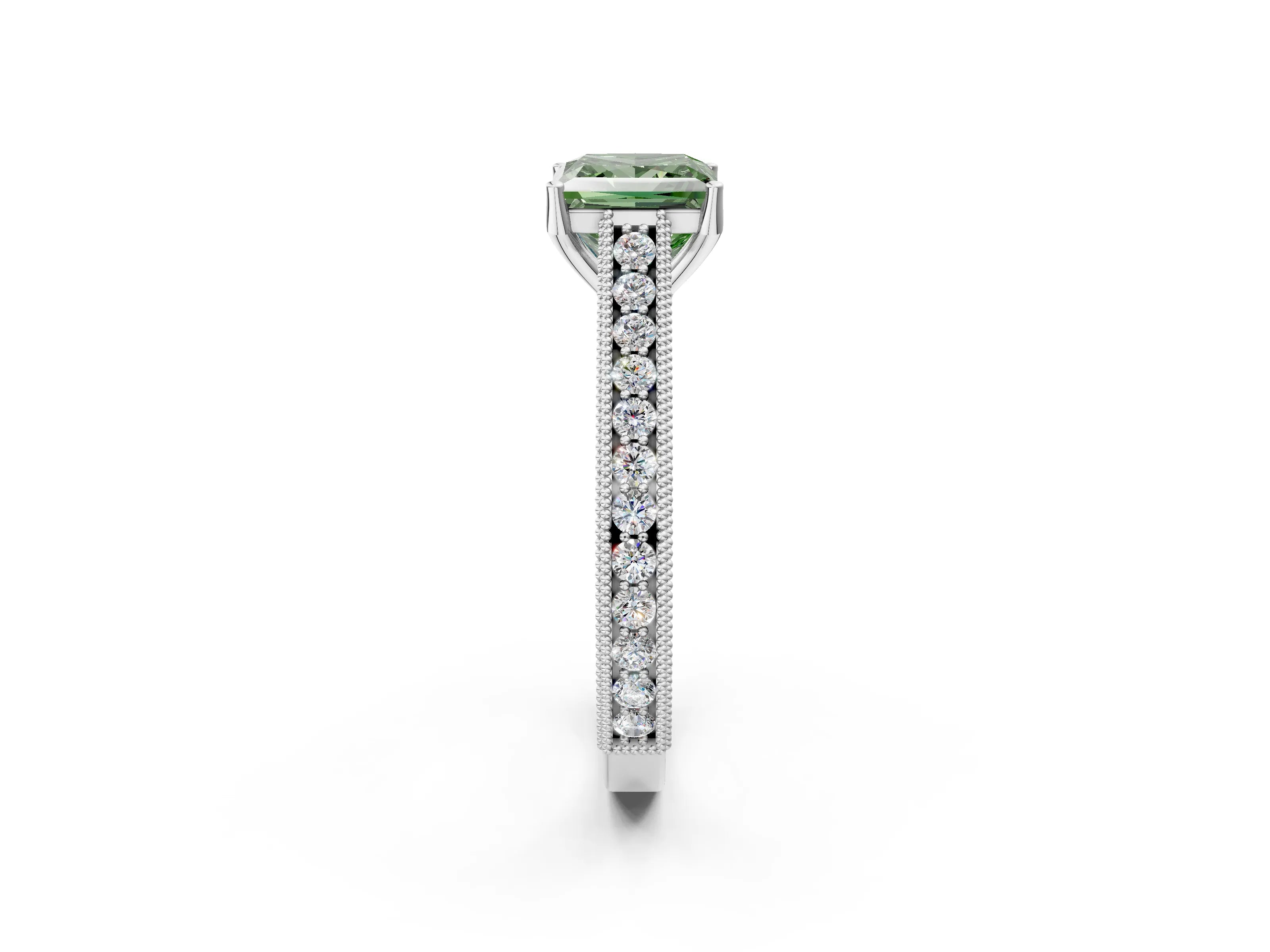 White gold Fancy Green Princess Cut Cut Pave Band Milgrain Solitaire Ring_2