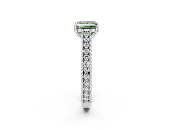 White gold Fancy Green Princess Cut Cut Pave Band Milgrain Solitaire Ring