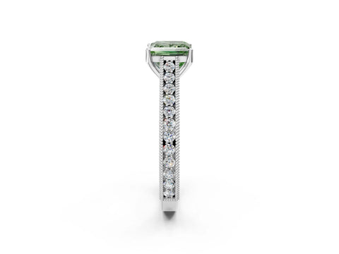 White gold Fancy Green Princess Cut Cut Pave Band Milgrain Solitaire Ring_2