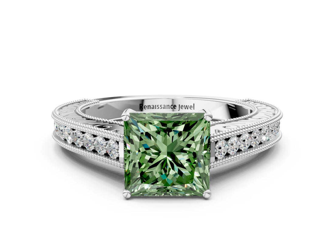 White gold Fancy Green Princess Cut Cut Pave Band Milgrain Solitaire Ring