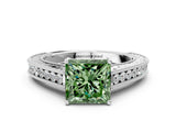 White gold Fancy Green Princess Cut Cut Pave Band Milgrain Solitaire Ring