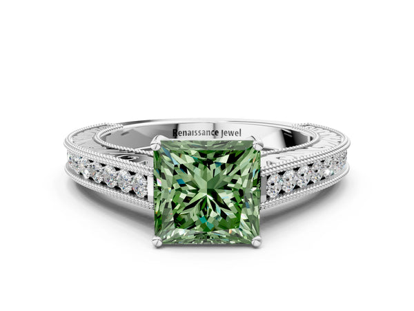 White gold Fancy Green Princess Cut Cut Pave Band Milgrain Solitaire Ring
