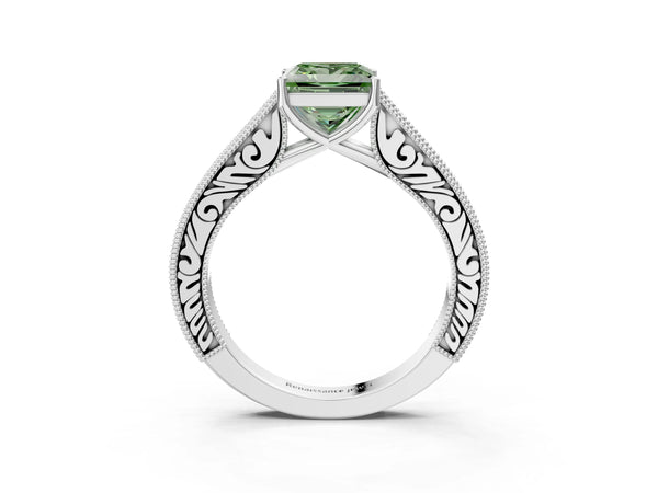 White gold Fancy Green Princess Cut Cut Pave Band Milgrain Solitaire Ring