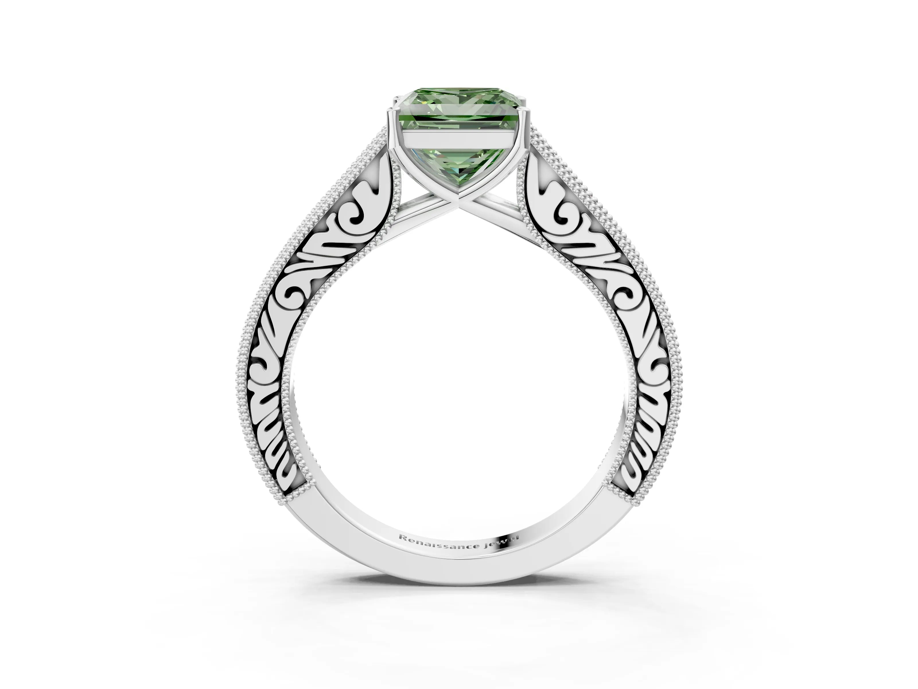 White gold Fancy Green Princess Cut Cut Pave Band Milgrain Solitaire Ring_3
