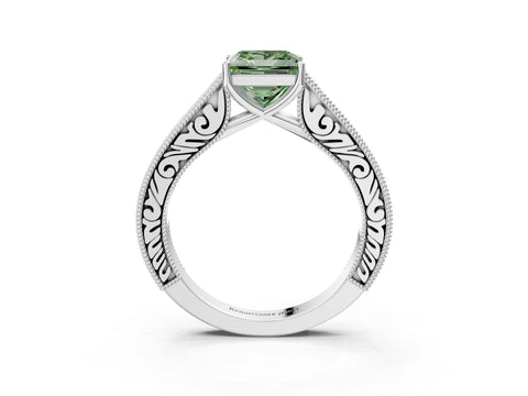 White gold Fancy Green Princess Cut Cut Pave Band Milgrain Solitaire Ring_3