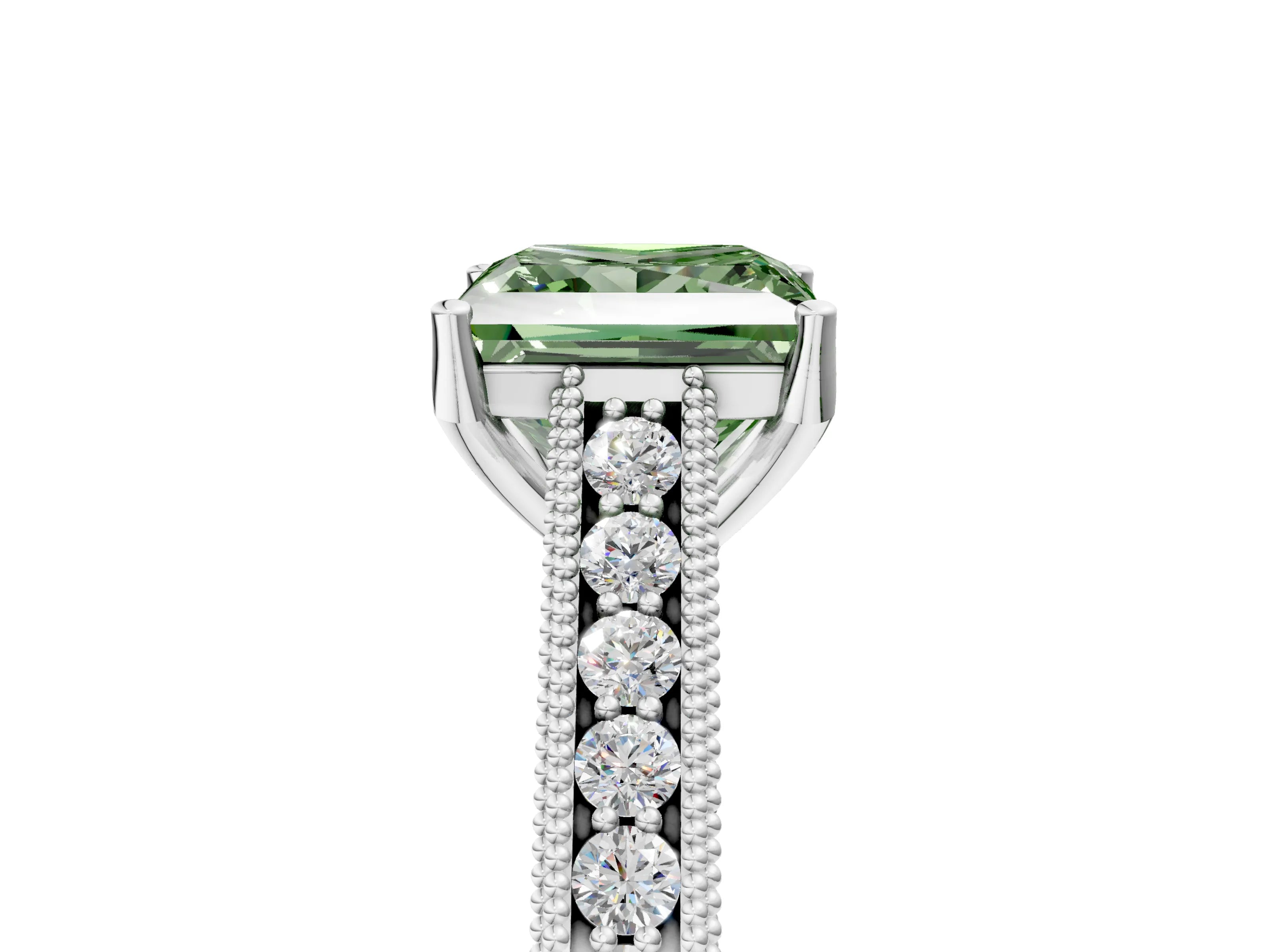 White gold Fancy Green Princess Cut Cut Pave Band Milgrain Solitaire Ring_5