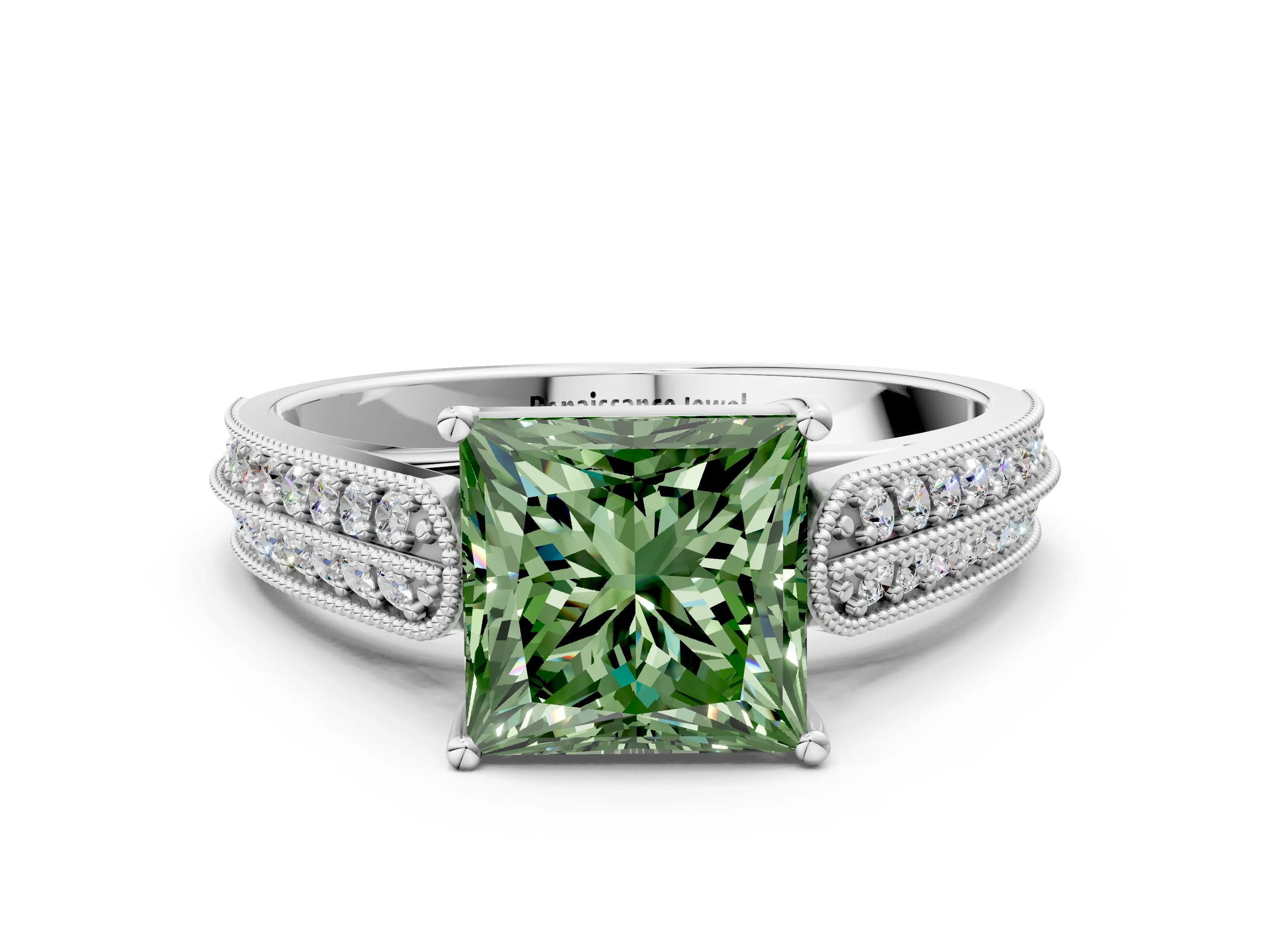 White gold Fancy Green Princess Cut Cut Pave Split Shank Engagement Ring with Four-Prong Setting_12