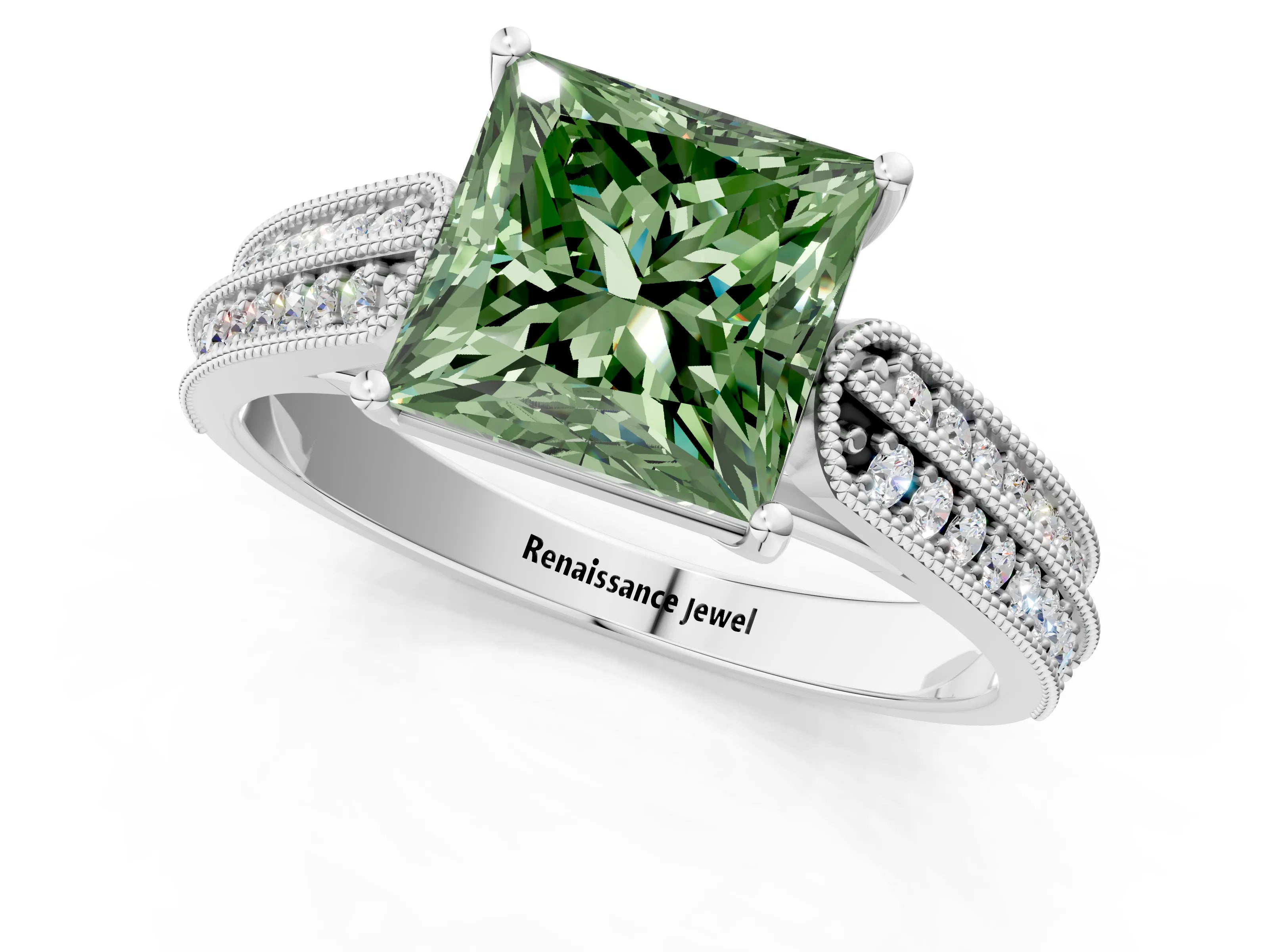 White gold Fancy Green Princess Cut Cut Pave Split Shank Engagement Ring with Four-Prong Setting_13