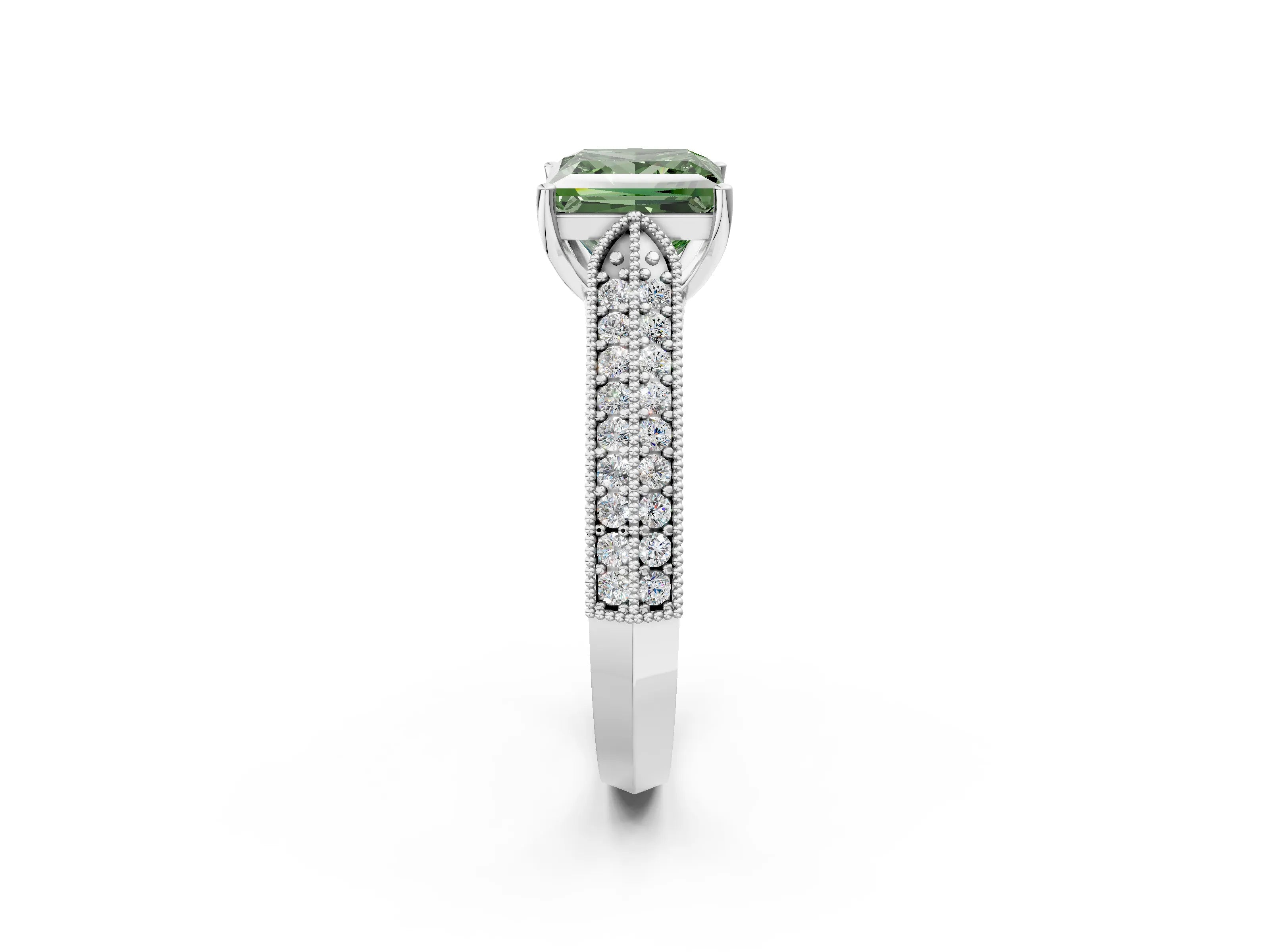 White gold Fancy Green Princess Cut Cut Pave Split Shank Engagement Ring with Four-Prong Setting_14