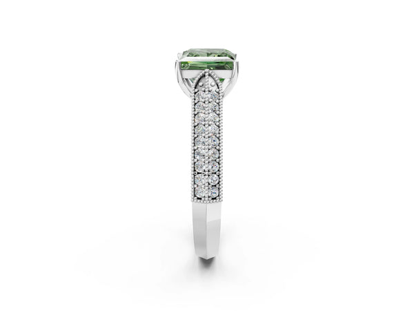 White gold Fancy Green Princess Cut Cut Pave Split Shank Engagement Ring with Four-Prong Setting