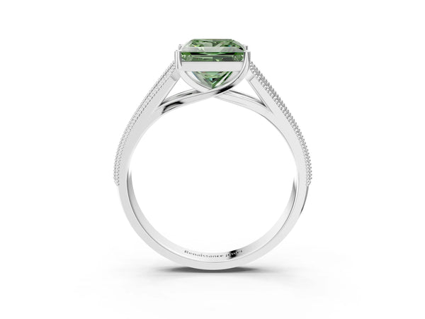 White gold Fancy Green Princess Cut Cut Pave Split Shank Engagement Ring with Four-Prong Setting