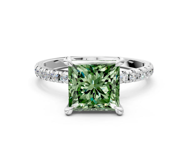 White gold Fancy Green Princess Cut Diamond Brilliant Solitaire Ring with Pavé Band and Four-Prong Setting