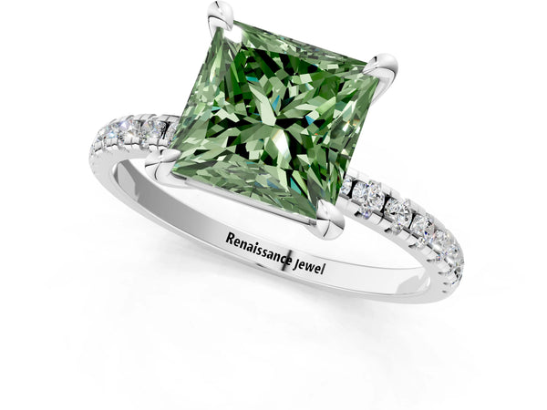 White gold Fancy Green Princess Cut Diamond Brilliant Solitaire Ring with Pavé Band and Four-Prong Setting