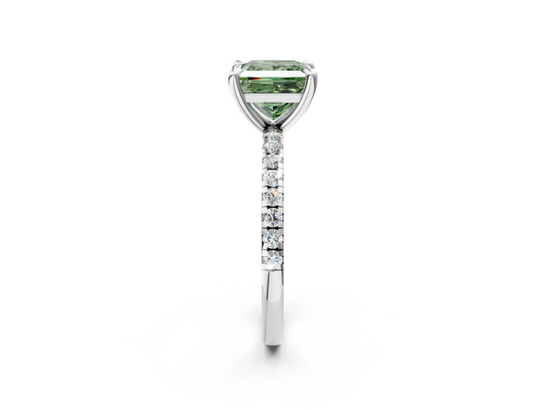 White gold Fancy Green Princess Cut Diamond Brilliant Solitaire Ring with Pavé Band and Four-Prong Setting