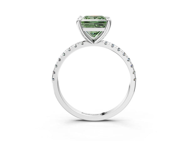 White gold Fancy Green Princess Cut Diamond Brilliant Solitaire Ring with Pavé Band and Four-Prong Setting