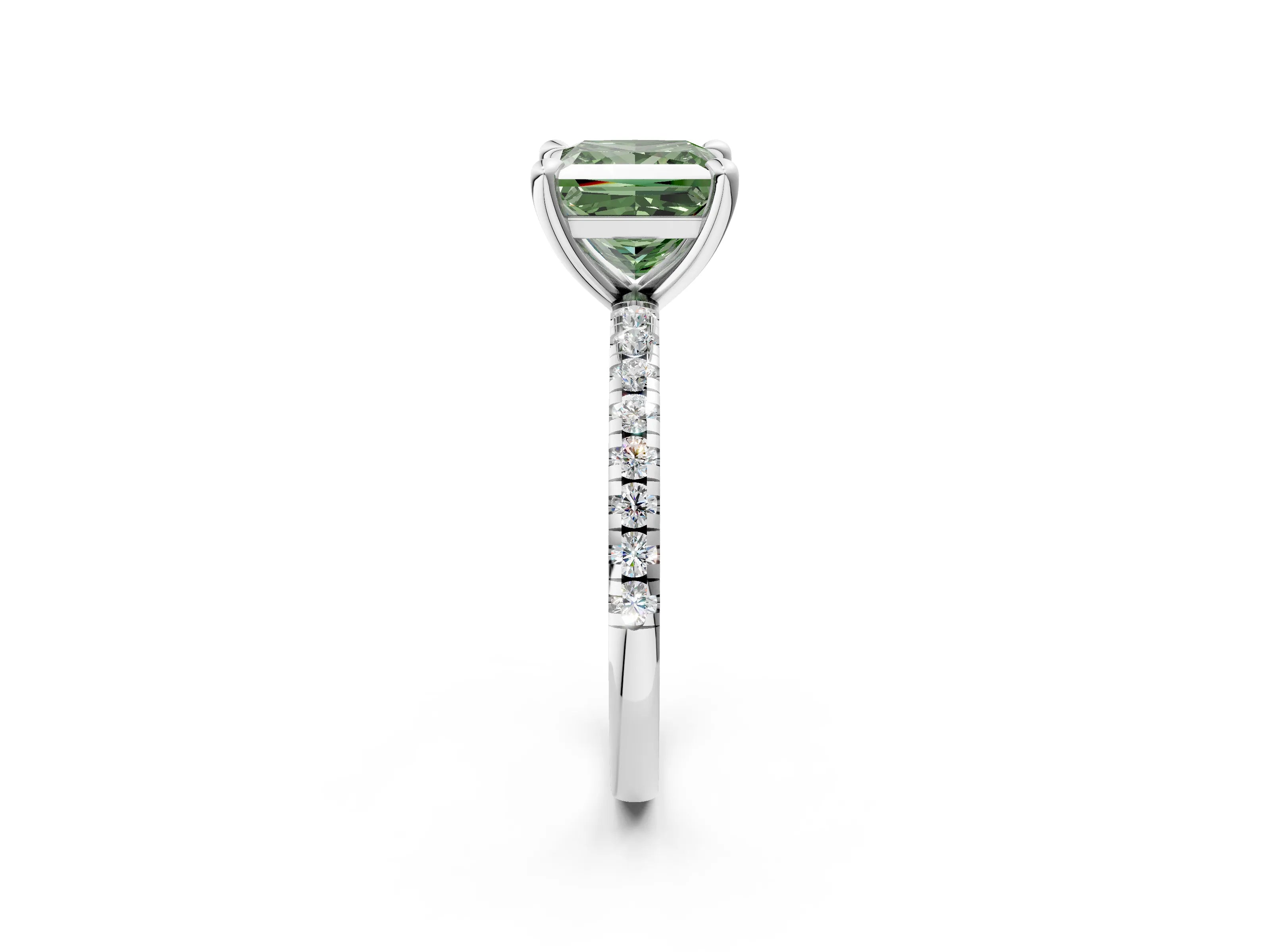 White gold Fancy Green Princess Cut Diamond Brilliant Solitaire Ring with Pavé Band and Four-Prong Setting_2