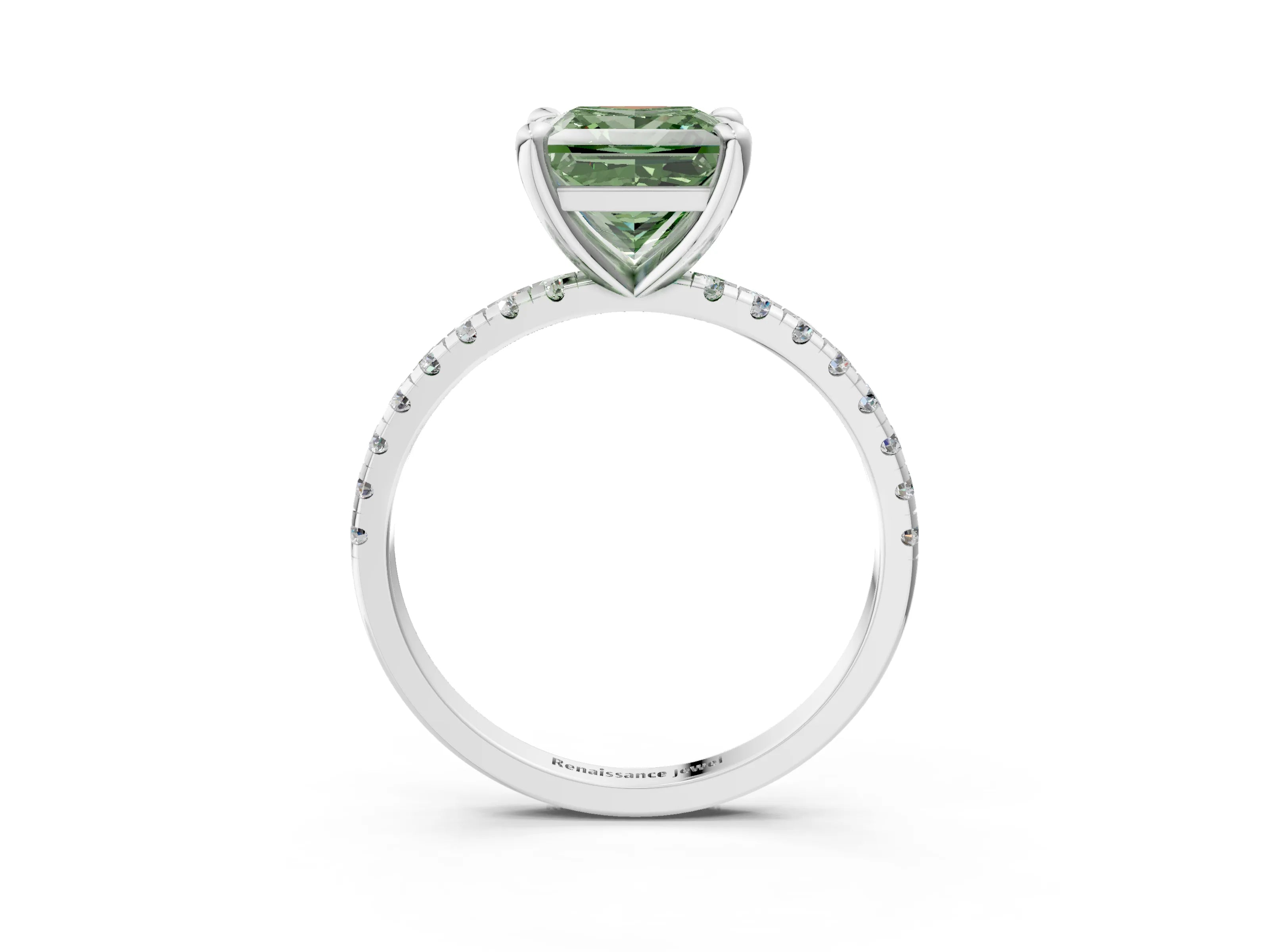 White gold Fancy Green Princess Cut Diamond Brilliant Solitaire Ring with Pavé Band and Four-Prong Setting_3