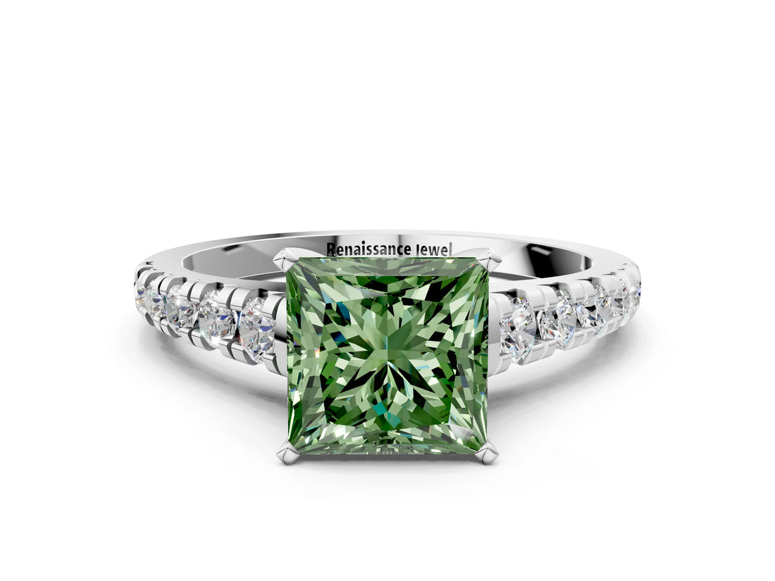 White gold Fancy Green Princess Cut Diamond Cathedral Solitaire Ring with Round  Pavé Band_61
