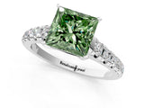 White gold Fancy Green Princess Cut Diamond Cathedral Solitaire Ring with Round  Pavé Band_62
