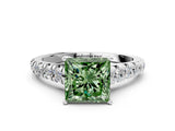 White gold Fancy Green Princess Cut Diamond Cathedral Solitaire Ring with Round  Pavé Band_65