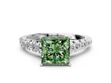 White gold Fancy Green Princess Cut Diamond Cathedral Solitaire Ring with Round  Pavé Band_77
