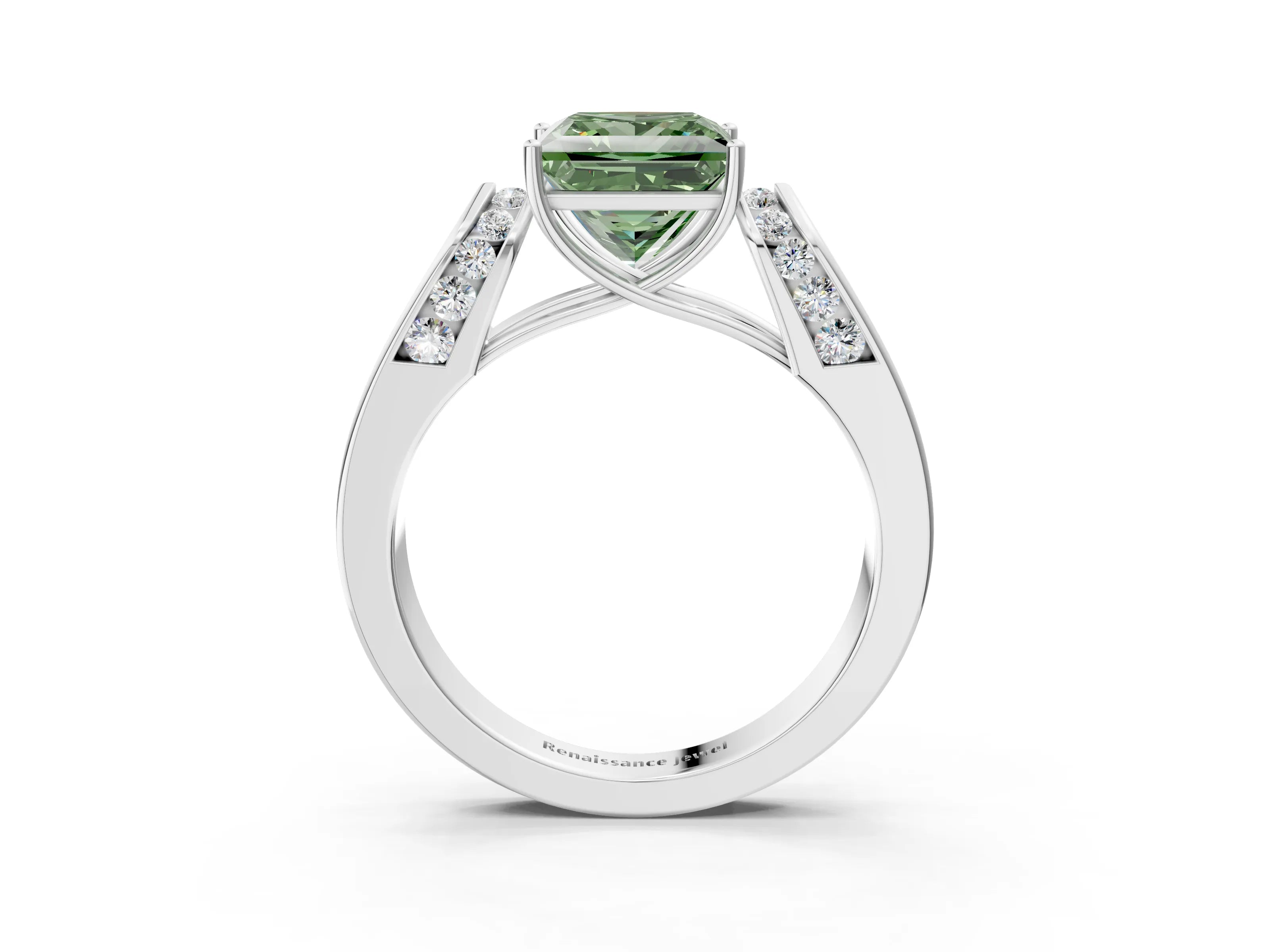 White gold Fancy Green Princess Cut Diamond Channel Set Solitaire Ring with Four-Prong Setting_16