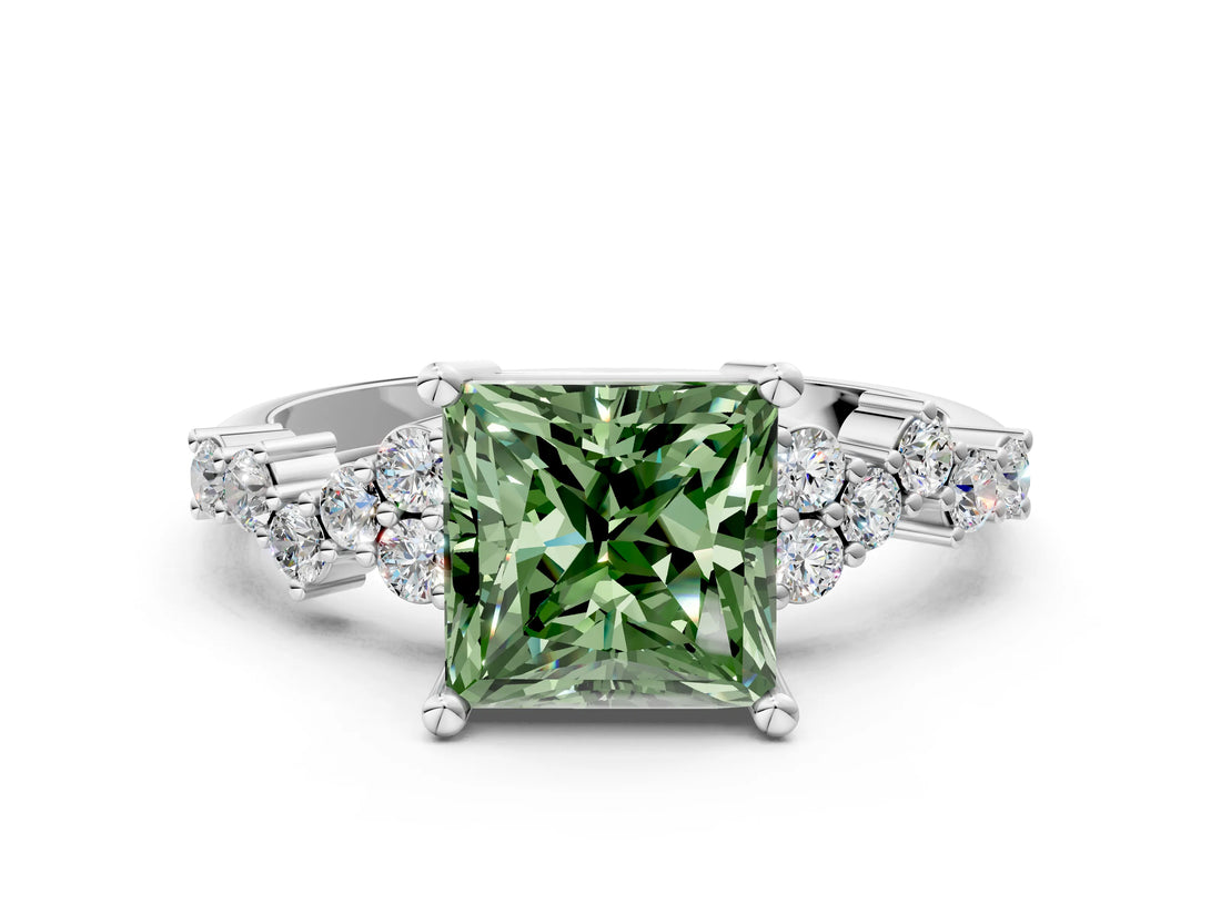 White gold Fancy Green Princess Cut Diamond Cluster Pavé Band with Four-Prong Setting_12