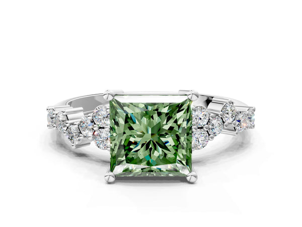 Platinum Fancy Green Princess Cut Diamond Cluster Pavé Band with Four-Prong Setting