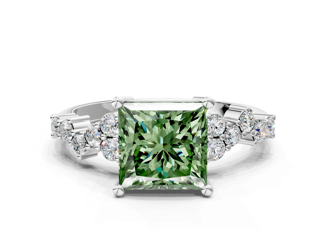 White gold Fancy Green Princess Cut Diamond Cluster Pavé Band with Four-Prong Setting_3