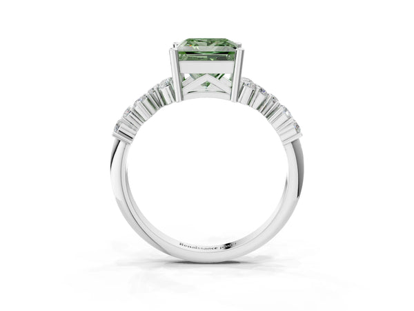 Platinum Fancy Green Princess Cut Diamond Cluster Pavé Band with Four-Prong Setting