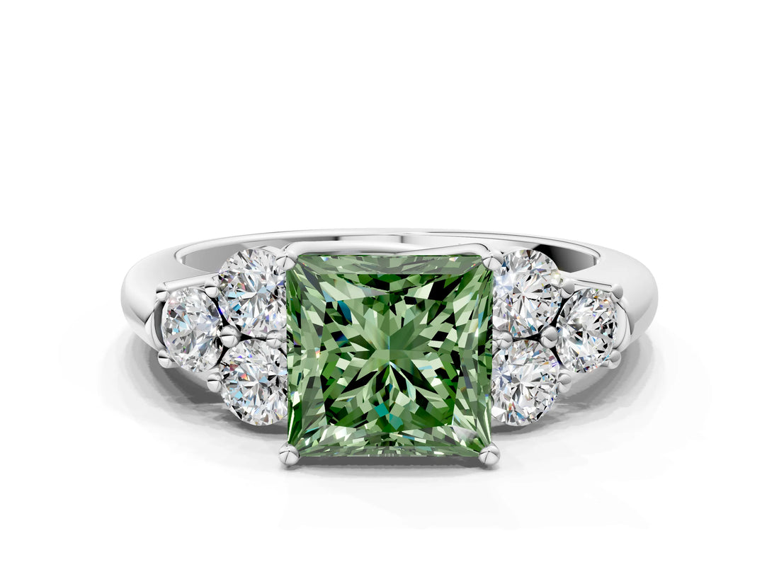 White gold Fancy Green Princess  Cut Diamond Cluster Ring with Round Accent Stones and Prong Setting on a Classic Band_34