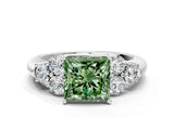 White gold Fancy Green Princess  Cut Diamond Cluster Ring with Round Accent Stones and Prong Setting on a Classic Band_34