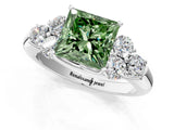 White gold Fancy Green Princess  Cut Diamond Cluster Ring with Round Accent Stones and Prong Setting on a Classic Band_35