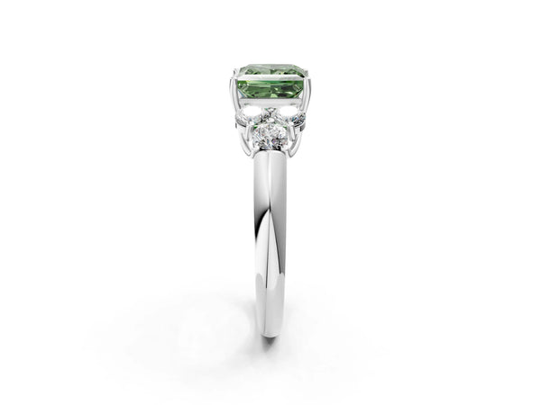 White gold Fancy Green Princess  Cut Diamond Cluster Ring with Round Accent Stones and Prong Setting on a Classic Band