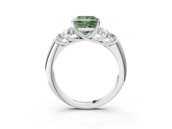 White gold Fancy Green Princess  Cut Diamond Cluster Ring with Round Accent Stones and Prong Setting on a Classic Band