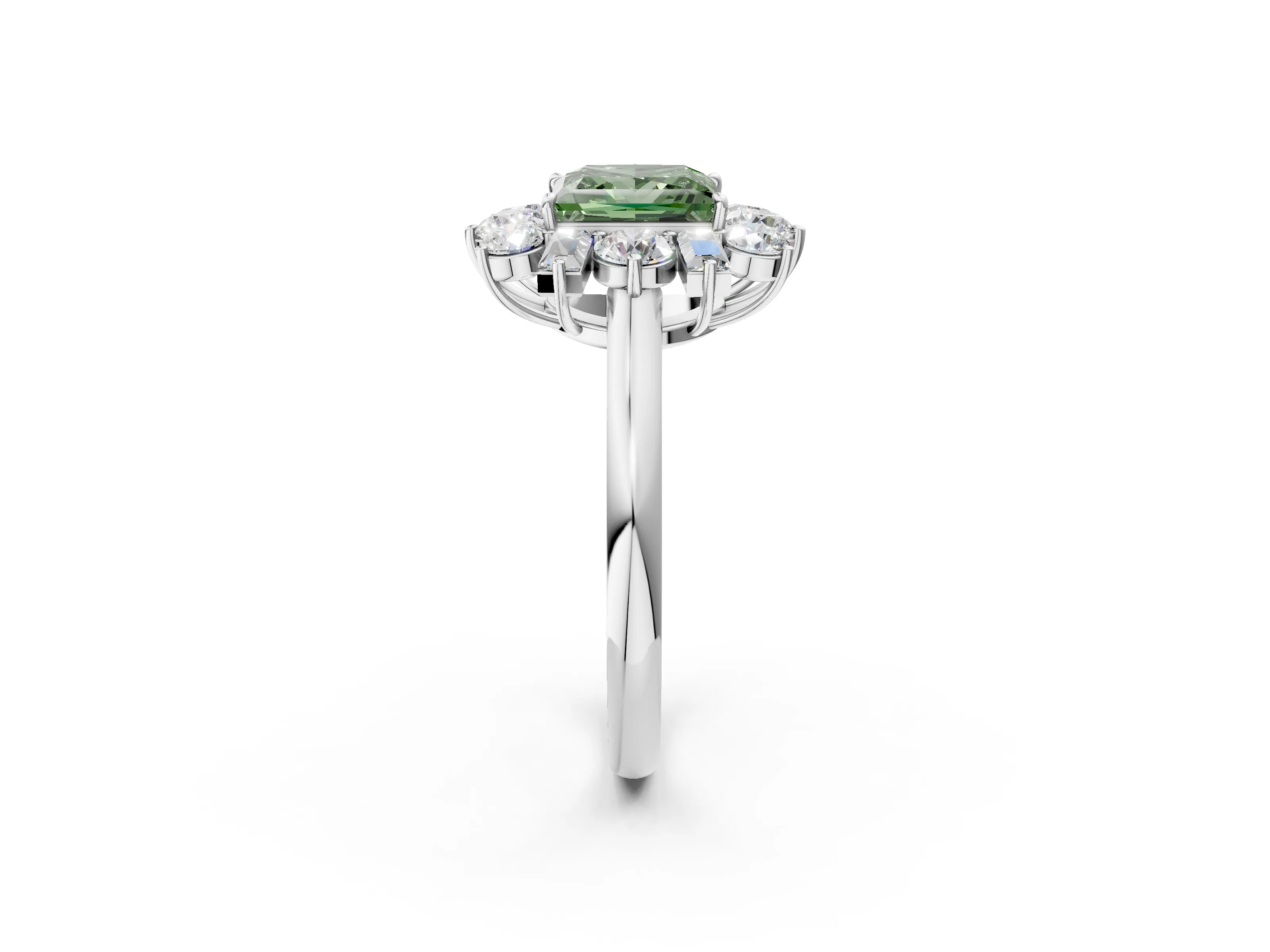 White gold Fancy Green Princess Cut Diamond Cluster Ring with Round and Baguette Stones, Split Shank Band, Prong Setting_14