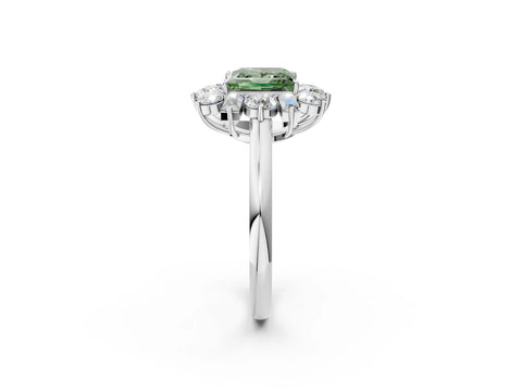 White gold Fancy Green Princess Cut Diamond Cluster Ring with Round and Baguette Stones, Split Shank Band, Prong Setting_14