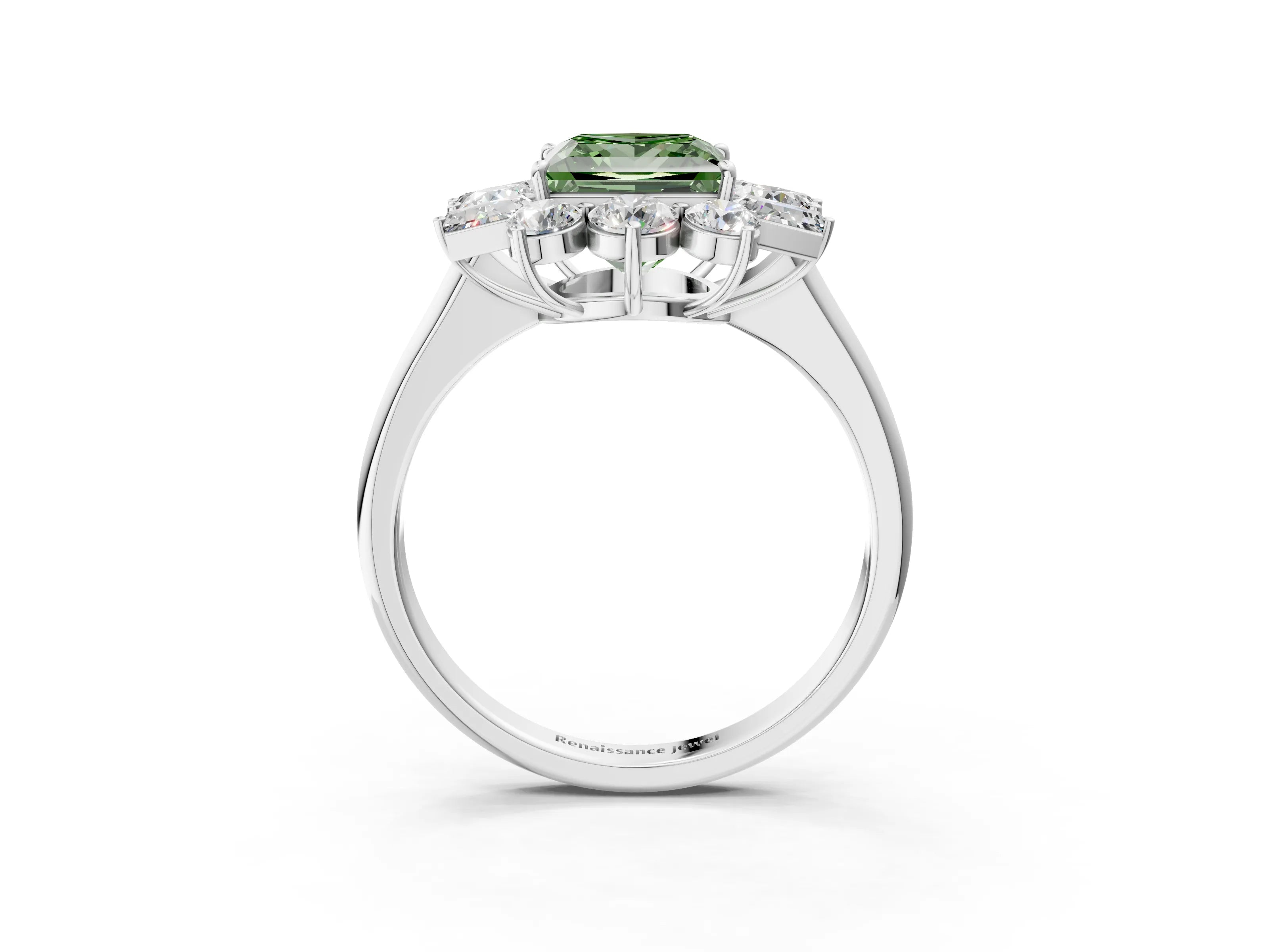 White gold Fancy Green Princess Cut Diamond Cluster Ring with Round and Baguette Stones, Split Shank Band, Prong Setting_15