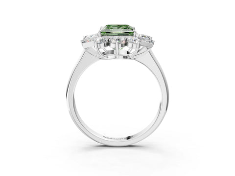 White gold Fancy Green Princess Cut Diamond Cluster Ring with Round and Baguette Stones, Split Shank Band, Prong Setting_15
