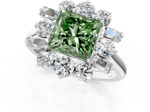 White gold Fancy Green Princess Cut Diamond Cluster Ring with Round and Baguette Stones, Split Shank Band, Prong Setting_1