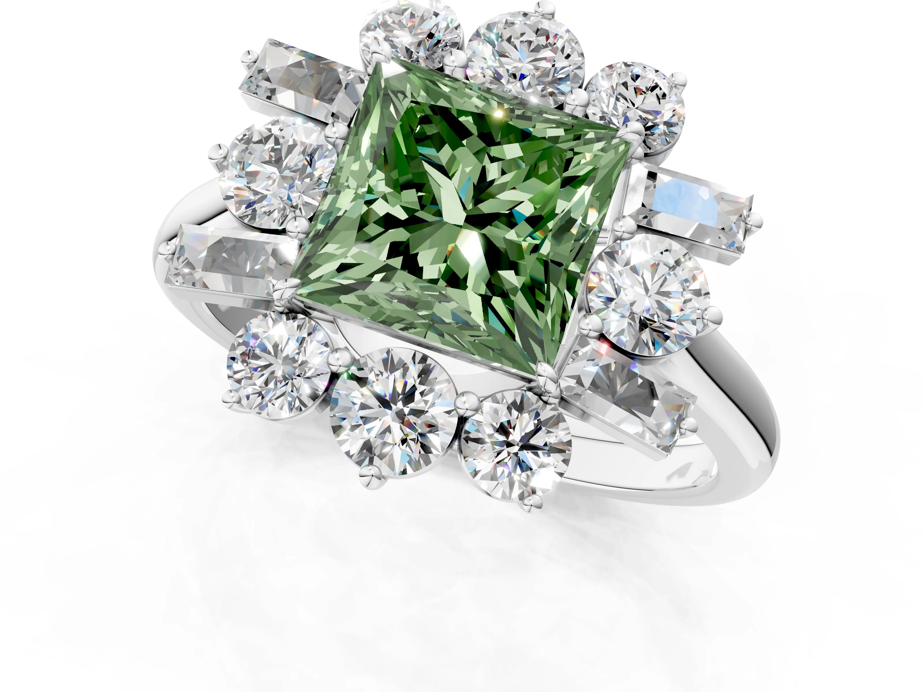White gold Fancy Green Princess Cut Diamond Cluster Ring with Round and Baguette Stones, Split Shank Band, Prong Setting_1