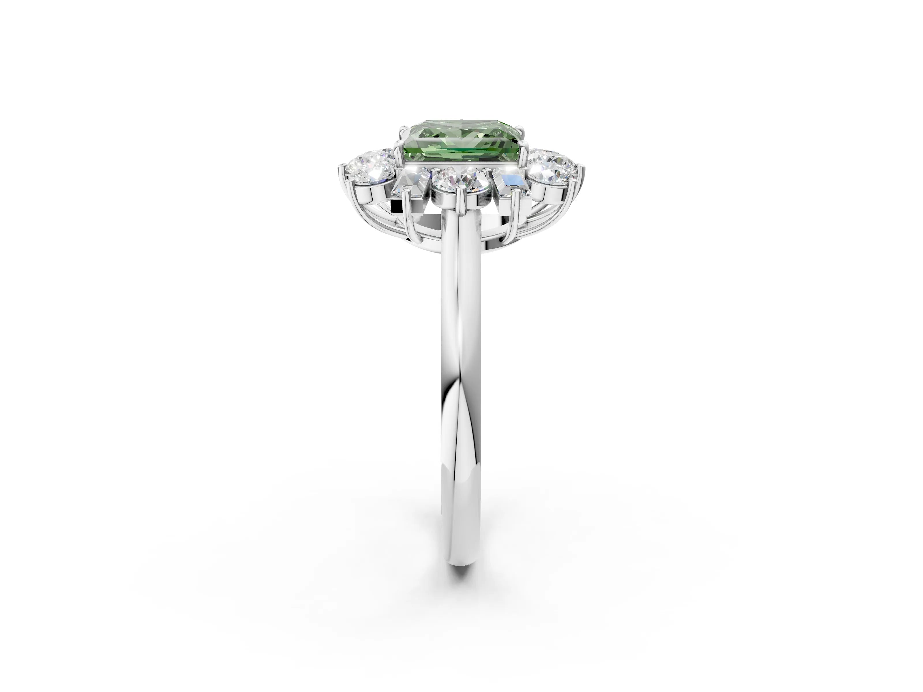 White gold Fancy Green Princess Cut Diamond Cluster Ring with Round and Baguette Stones, Split Shank Band, Prong Setting_2