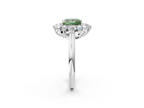 White gold Fancy Green Princess Cut Diamond Cluster Ring with Round and Baguette Stones, Split Shank Band, Prong Setting_2
