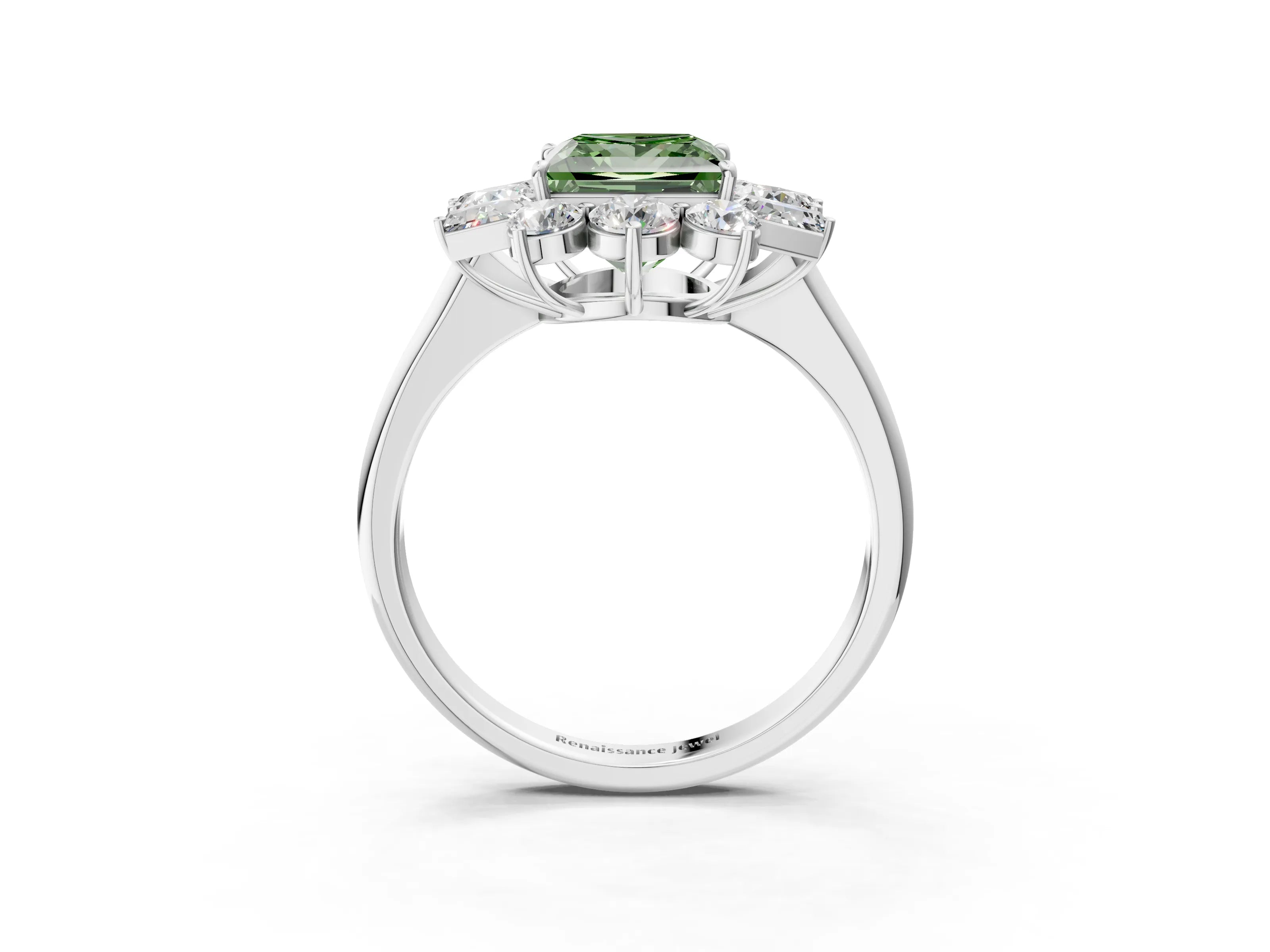 White gold Fancy Green Princess Cut Diamond Cluster Ring with Round and Baguette Stones, Split Shank Band, Prong Setting_3