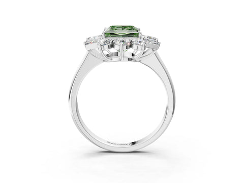 White gold Fancy Green Princess Cut Diamond Cluster Ring with Round and Baguette Stones, Split Shank Band, Prong Setting_3