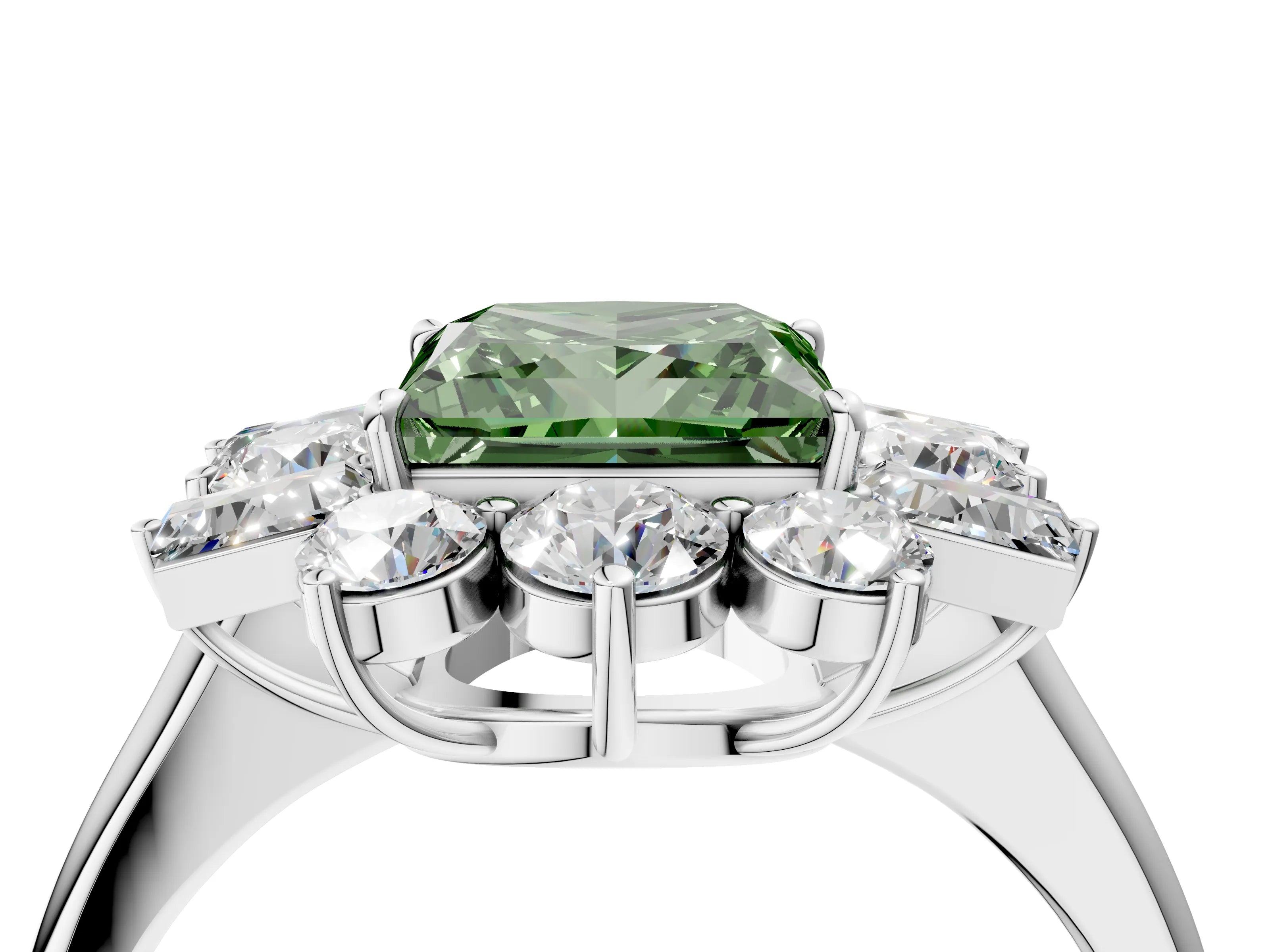 White gold Fancy Green Princess Cut Diamond Cluster Ring with Round and Baguette Stones, Split Shank Band, Prong Setting_4