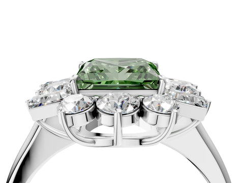 White gold Fancy Green Princess Cut Diamond Cluster Ring with Round and Baguette Stones, Split Shank Band, Prong Setting_4