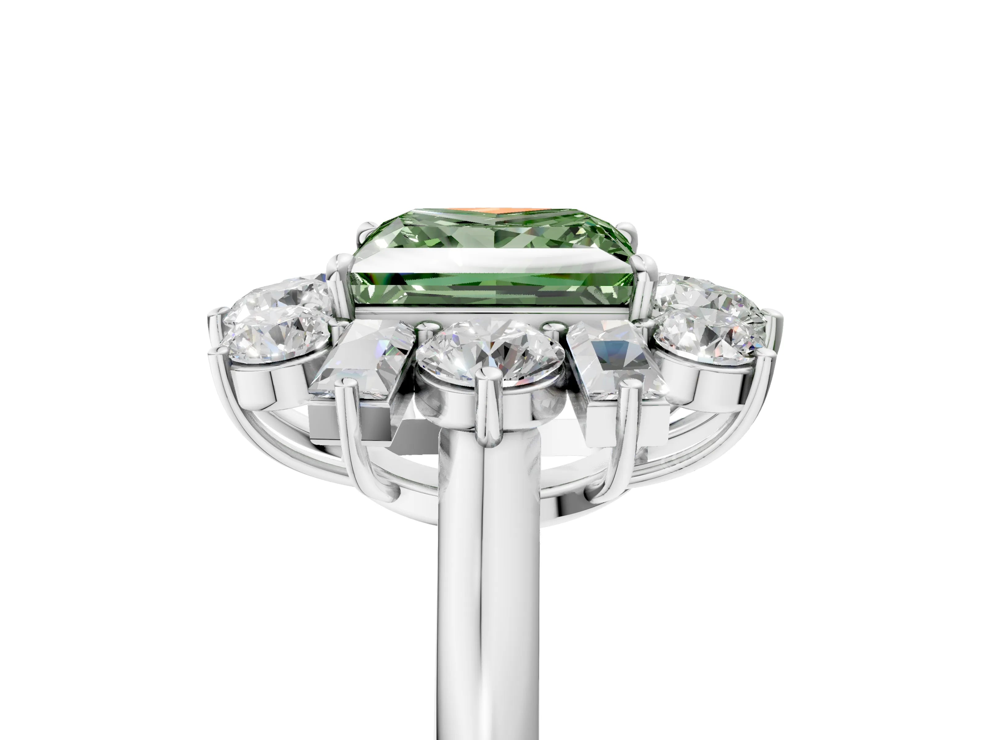 White gold Fancy Green Princess Cut Diamond Cluster Ring with Round and Baguette Stones, Split Shank Band, Prong Setting_5