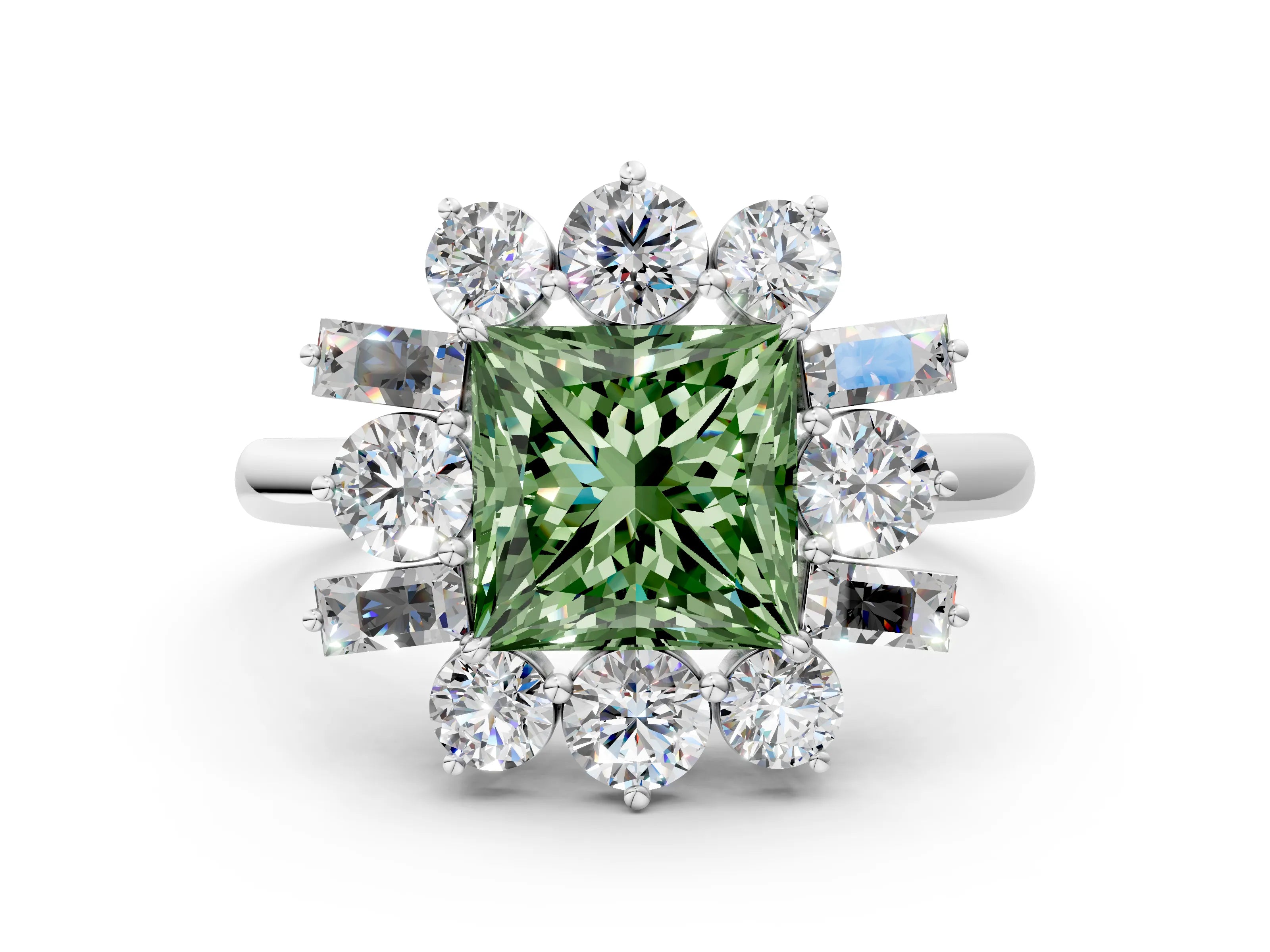 White gold Fancy Green Princess Cut Diamond Cluster Ring with Round and Baguette Stones, Split Shank Band, Prong Setting